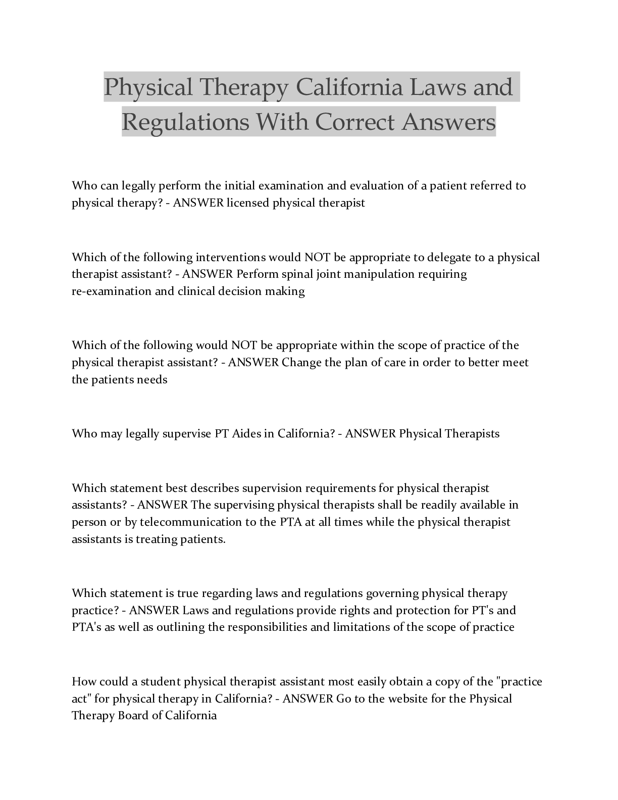 Preview of Physical Therapy California Laws and Regulations With Correct Answers